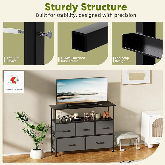 Simple Deluxe TV Stand Dresser for Bedroom Entertainment Center with 5 Fabric Drawers, Storage Organizers Units for Living Room, Media Console Table with Open Shelf up for 45" TV, Gray, Wood top