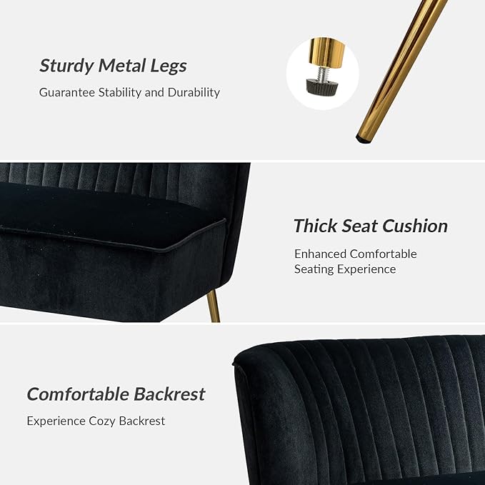 HULALA Home 3 Piece Velvet Living Room Furniture Set, Modern Comfy Upholstered Chair Set with Golden Legs, Include Loveseat & 2 Accent Chairs for Bedroom, Black Tufted 2-Seater Sofa & Armless Chairs