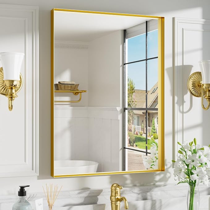 22x30 Inch Gold Bathroom Mirrors for Over Sink, Rectangular Vanity Mirror, Wall Mounted Mirrors, Anti-Rust, Tempered Glass, Framed Vanity Mirror, Horizontal or Vertical by Dimelax