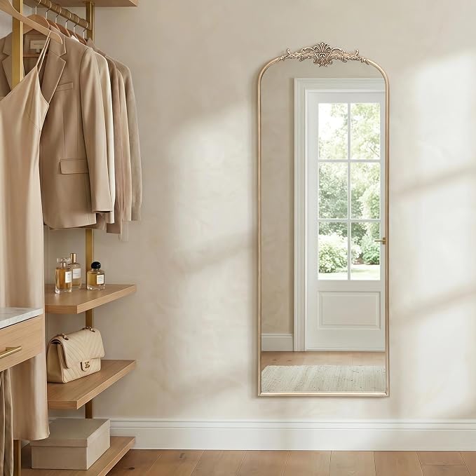 Besdomus Arched Mirror Full Length: 21"x56" French Champagne Gold Vintage Full Body Mirror - Floor Antique Baroque Traditional Ornate for Entryway/Cloakroom/Bedroom - Home Decor for Fashion-Conscious - Image 3