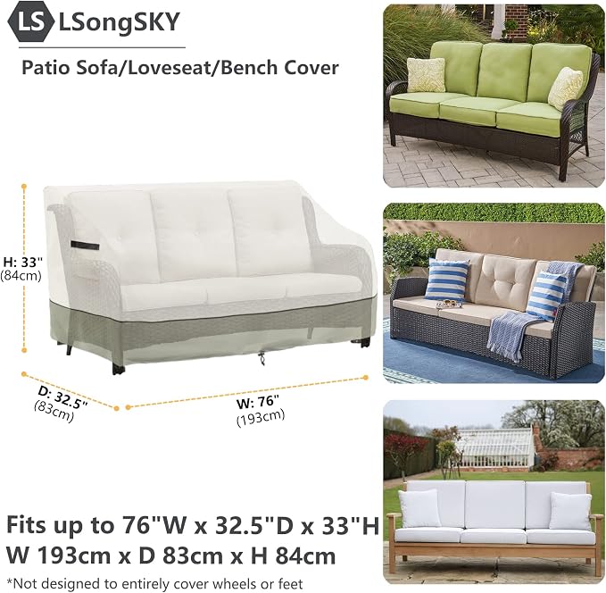 Patio 3-Seater Sofa Cover,Outdoor Couch Cover Fits up to 76W x 32.5D x 33H Inches,100% Waterproof Heavy Duty Patio Furniture Covers,Beige & Gray-Green - Image 3