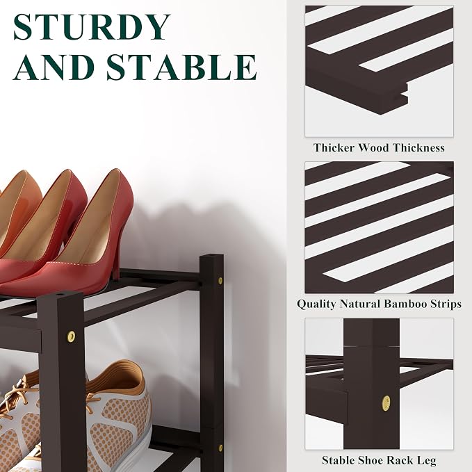 Smiry Shoe Rack, 2 Tier Small Bamboo Shoe Organizer, Stackable Free Standing Wooden Shoe Storage Shelf for Closet, Entryway, Front Door Entrance, Brown - Image 3