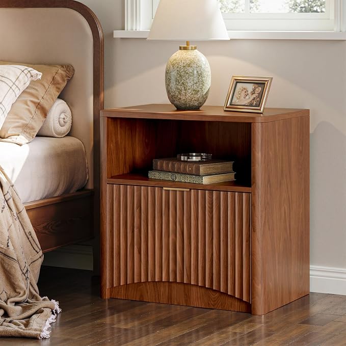 Evermagin Fluted Nightstand, Walnut Bedside Table with Drawer and Storage, Wood End Table Mid Century Modern, Large Night Stand for Bedroom - Image 3
