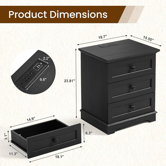 20-Inch Wide Modern Nightstands Set of 2 with Charging Station, End Tables with 3 Large Drawers, Simple Design Bedside Table for Bedroom and Office,Black - Image 2