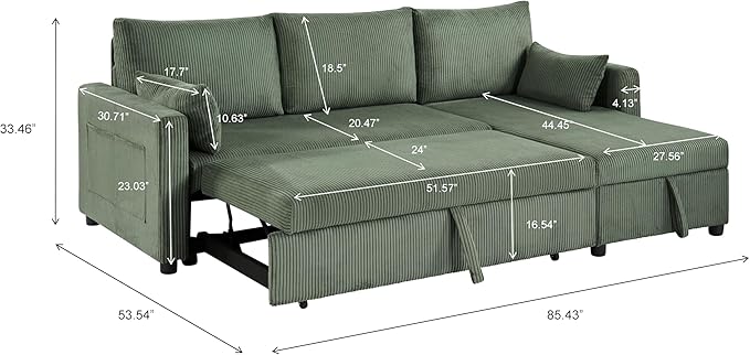 Queen Sleeper Sofa, Convertible Sofa Bed with Storage, 85 Inch Sectional Couch with Pull Out Bed, L Shaped 3 Seat Sectional Sleeper Sofa for Living Room, Apartment, Green