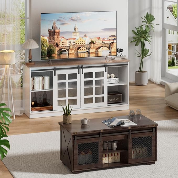 Upgraded Coffee Table with Lifting Top And Sliding Doors, Thick Panels, Industrial Metal Mesh Sides, Dual LED Accent Lights, Large Storage Center farmhouse square Table for Living Room, Dusk Walnut