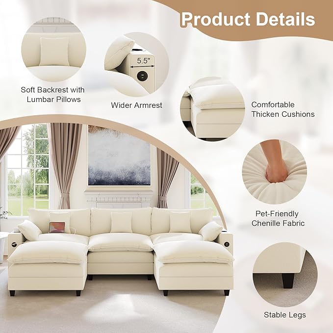 116" Modular Sectional Sofa, U Shaped Cloud Couch with Movable Ottoman, Chenille Deep Seat Cloud Sofa with Charging Station, Cup Holder, Side Pocket, Sectional Couches for Living Room, Beige
