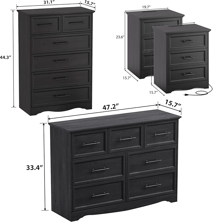 Bedroom Set, 4 Pieces Bedroom Furniture Set, 47"W 7 Drawer Dresser, 44"H 6 Drawer Dresser and 3 Drawers Nightstands with Charging Station, Farmhouse Storage Organizer Cabinet for Bedroom, Black