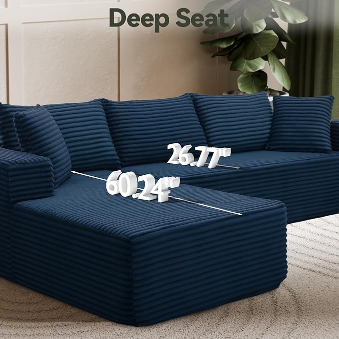 106" Modular Sectional Sofa, Blue Corduroy Cloud Couch with Right Chaise, Deep Seat Boneless Floor Sofa for Living Room, High-Resilience Foam Support, No Assembly Required, Includes Pillows | Sectional Sofa, Corduroy Cloud, Boneless, High-Resilience, N...