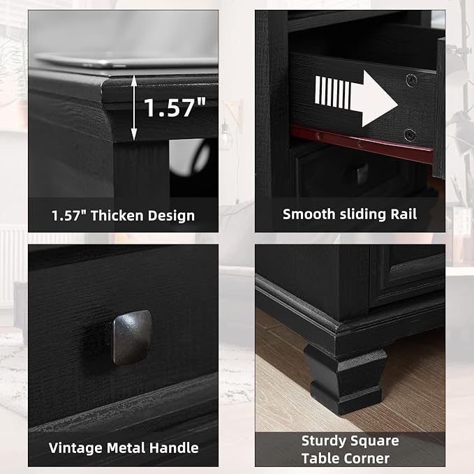 SAVOR LIFE Farmhouse Nightstand Set of 2 with Charging Station, Rustic Black Nightstand with Drawers, Bedside Table with Open Shelf for Bedroom, Black - Image 5
