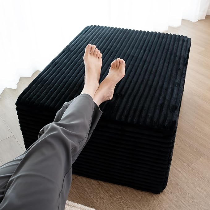 37.4" Plush Corduroy Ottoman, Upholstered Cloud Ottoman for Boneless Couch in a Box, Modular Sectional Couches for Living Room, Compressed Memory Foam, No Assembly Require, Black