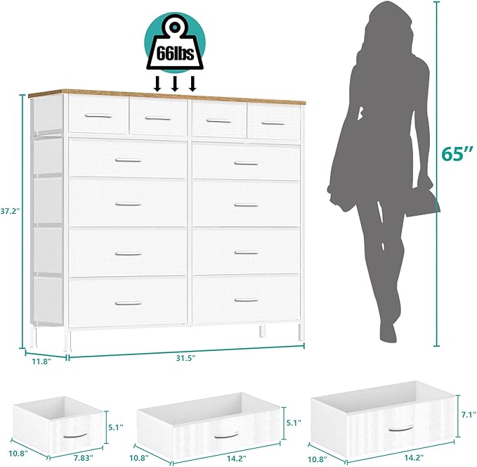 VASICAR Compact 12 Drawers Dresser for Bedroom, Fabric Storage Tower, Chest of Drawers with Retro Wood Top for Closet, Nursery, Living Room - Image 3