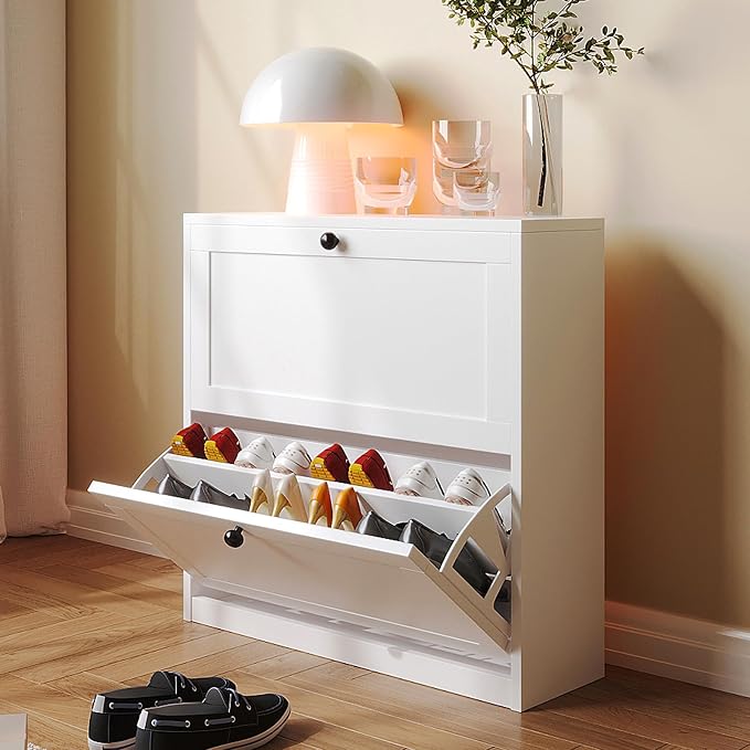 VOWNER Shoe Cabinet with 2 Flip Drawers, Freestanding Shoe Storage Cabinet with Adjustable Shelf & Anti-Tipping Device, Shoe Rack for Entryway, Hallway, Living Room (White) by VOWNER