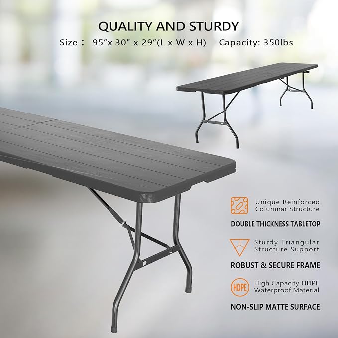 VINGLI 8 Foot Plastic Folding Table Portable Long Table for Indoor Outdoor Use Rectangular with Carrying Handle, Black - Image 8