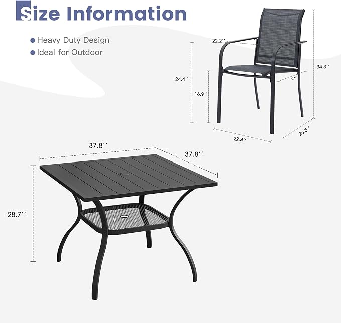 VICLLAX Outdoor Dining Set for 4, Patio Furniture Set of 4 Patio Stackable Dining Chairs and Outdoor Metal Square Table with Umbrella Hole for Backyard Lawn Garden, Dark Grey Chairs and Black Table - Image 7
