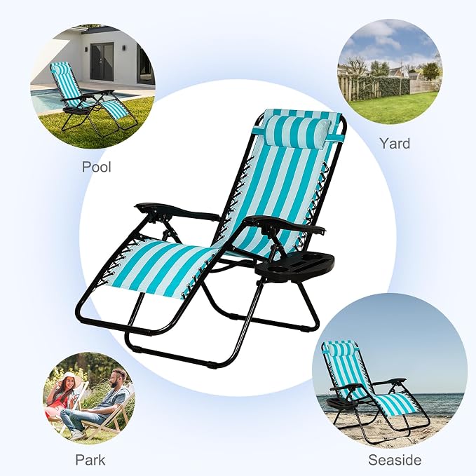 Nazhura Set of 2 Relaxing Recliners Patio Chairs Adjustable Steel Mesh Zero Gravity Lounge Chair Beach Chairs with Pillow and Cup Holder (Light Blue Stripe) - Image 8