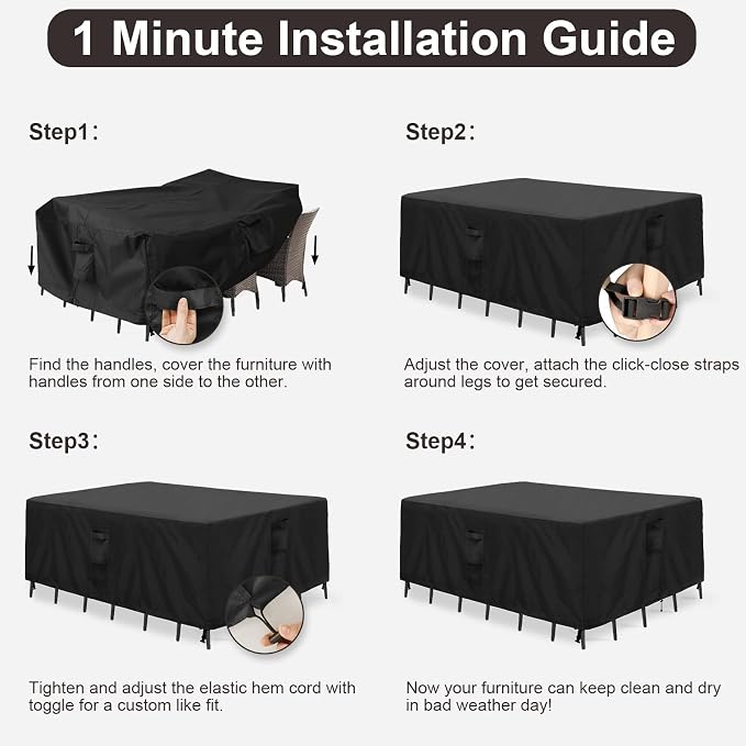 PureFit Patio Furniture Covers, Outdoor Table Furniture Cover Waterproof, Patio Sectional Couch Set Cover for Deck, Lawn and Backyard, UV Resistant, 126"L x 126"W x 32"H, Black - Image 7