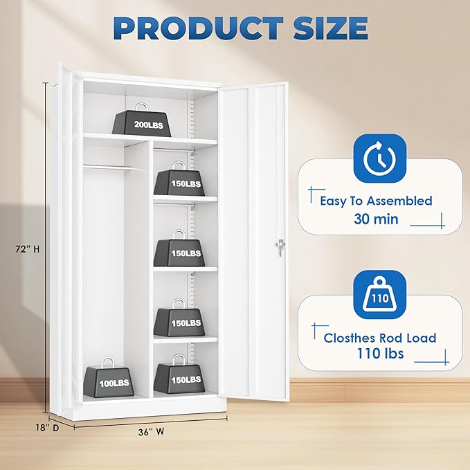 INTERGREAT 72”Tall Metal Wardrobe Cabinets with Lock,Clothing Storage Cabinets with Hanging Rod and 4 Adjustable Shelves，Closet for Home Living/Laundry Room/Department (White)