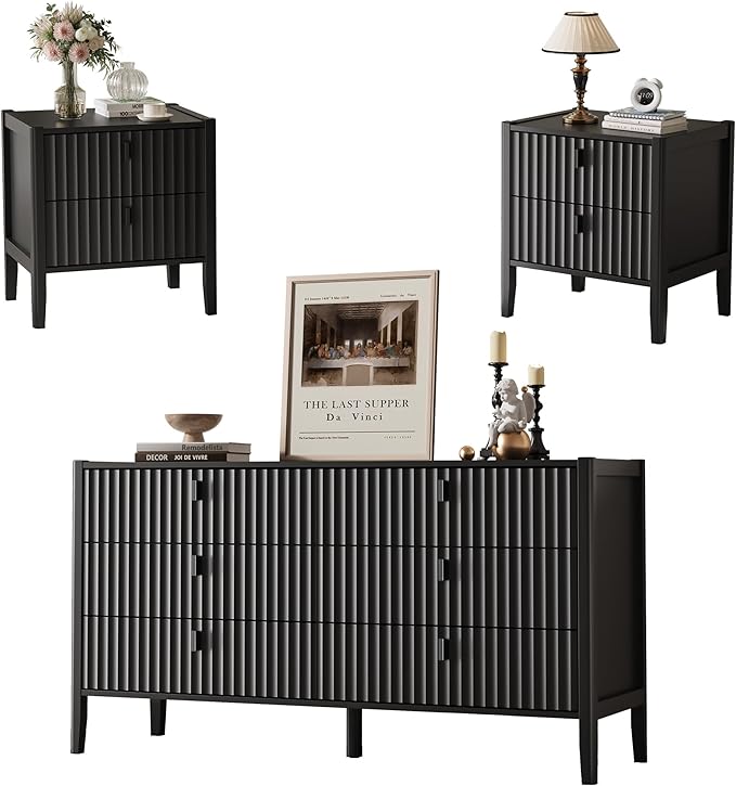 MAISONARIA 3-Piece Dresser Bedroom Set, 6 Drawer Dresser & 2 Drawer Nightstands with Metal Handles, Fluted Wood Chest of Drawers for Bedroom, Living Room, Entryway, Black