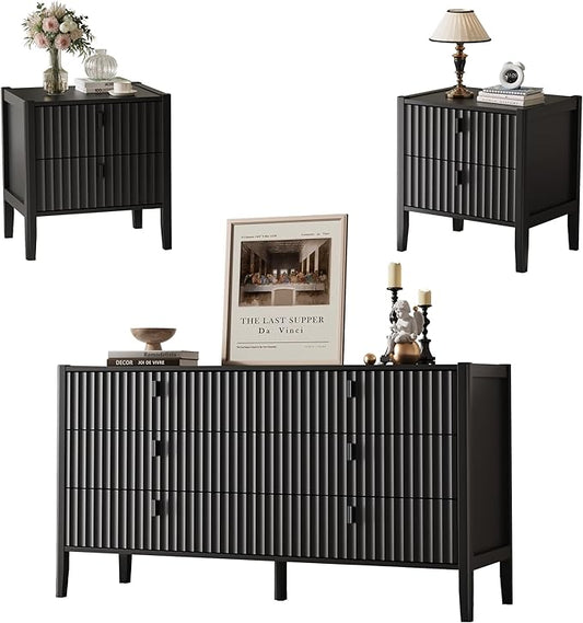 MAISONARIA 3-Piece Dresser Bedroom Set, 6 Drawer Dresser & 2 Drawer Nightstands with Metal Handles, Fluted Wood Chest of Drawers for Bedroom, Living Room, Entryway, Black