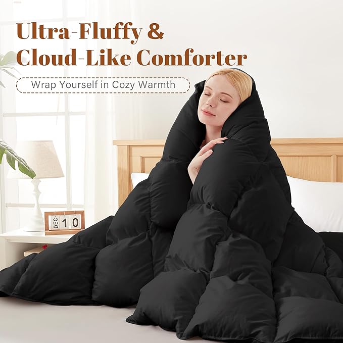 Cosybay Feather and Down Comforter Insert King Size, 100% Cotton Cover, All Season Black Down Feather Duvet Insert, Fluffy Soft Hotel Luxury Bedding for Bedroom, 106 x 90 Inches