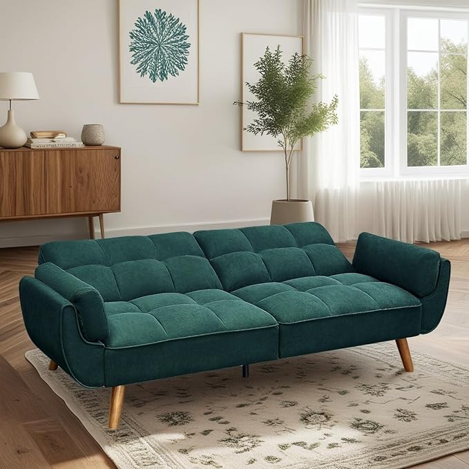Convertible Futon Sofa Bed, Modern Futon Couch with 2 Pillows, Small Futons Couch with Adjustable Armrest & Backrest, Loveseat Sofa Bed for Living Room, Bedroom, Green