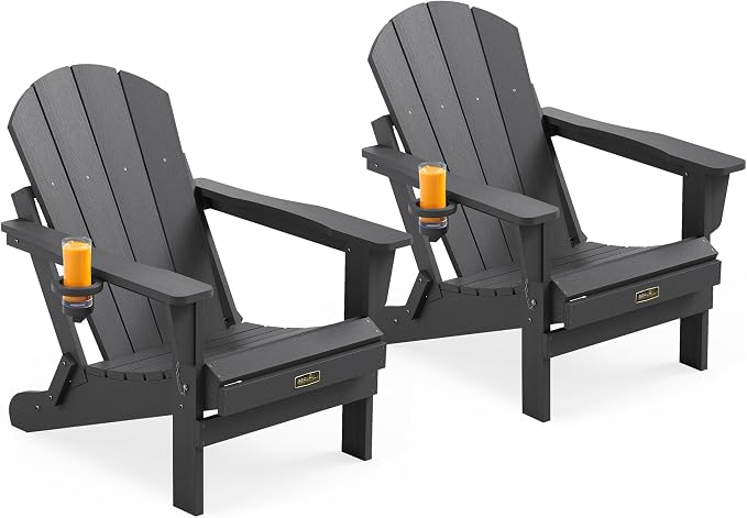 SERWALL Folding Adirondack Chair with Cup Holder Set of 2, All Weather Adirondack Chairs, Fire Pit Chairs for Patio Garden Outdoors Fire Pit - Gray by SERWALL