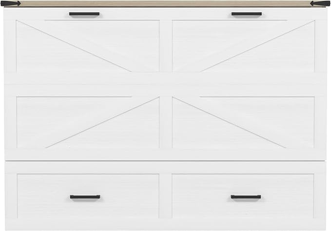 Bellemave Queen Size Murphy Bed, Cabinet Bed with Charging Station and Storage, Farmhouse Murphy Cabinet with Foldable Panel, Noisy Free, for Guest Bedroom, Living Room, Office, White