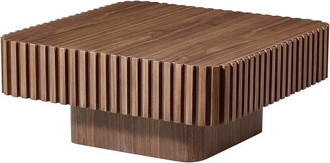 WILLIAMSPACE 31.5" Square Coffee Table with Sturdy Base, Modern Luxury Wood Drum Center Table Accent End Side Table for Living Room, Minimalist Fluted Design, Walnut