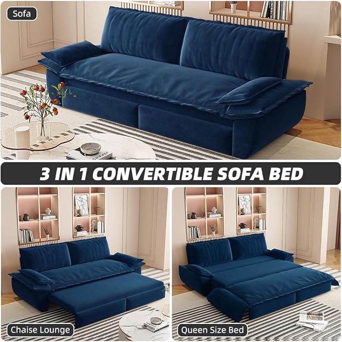 3-in-1 Convertible Sofa Bed Queen Size Pull Out Sleeper Sofa with Heavy Duty Metal Frame, Luxurious Velvet Upholstered Loveseat with 2 Pillows, Modern Folding Guest Bed for Living Room, Apartment