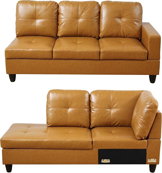 103.5 Inch Modern L-Shaped Couch, PU Leather Sectional Sofa with Chaise Lounge, 4-Seater Couch with Accent Pillows for Living Room, Apartment, Turmeric