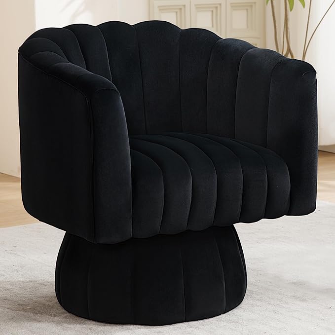 Swivel Accent Barrel Round Chair - Comfy 360° Arm Chairs Cute Small Sofa Club Velvet Reading Chair for Living Room Bedroom Office - Black
