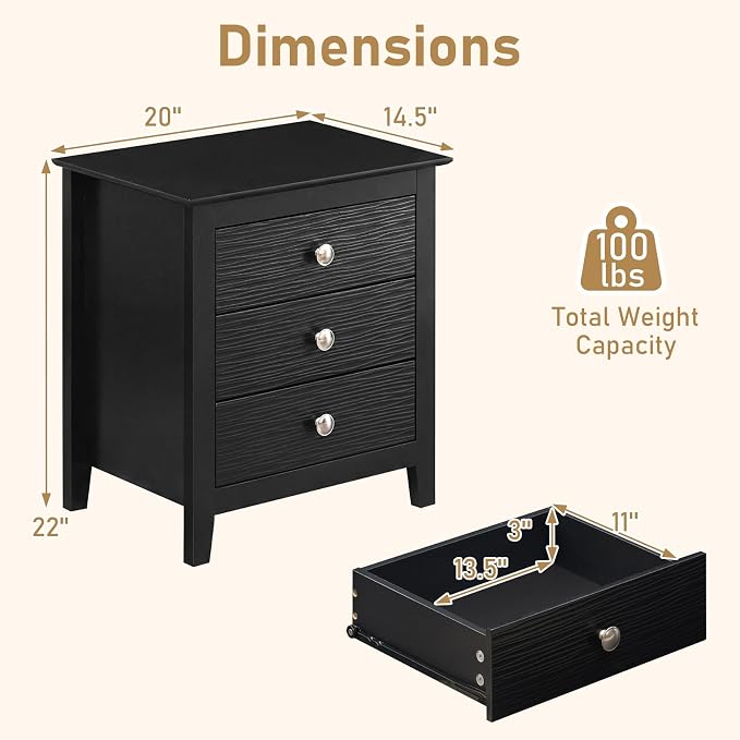 Giantex 3-Drawer Night Stand, 22’’ Compact Sofa End Couch Side Table w/Storage Drawers, Sturdy Legs, Modern Wood Nightstand Bedside Table for Bedroom College Dorm Small Spaces, Black - Image 3