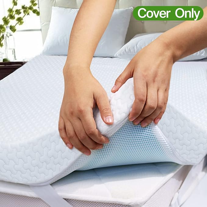 3 Inch Mattress Topper Cover Full (Only Cover) Cooling Rayon Zippered Cover for Mattress Topper with Adjustable Straps for Latex Memory Foam Mattress Cover