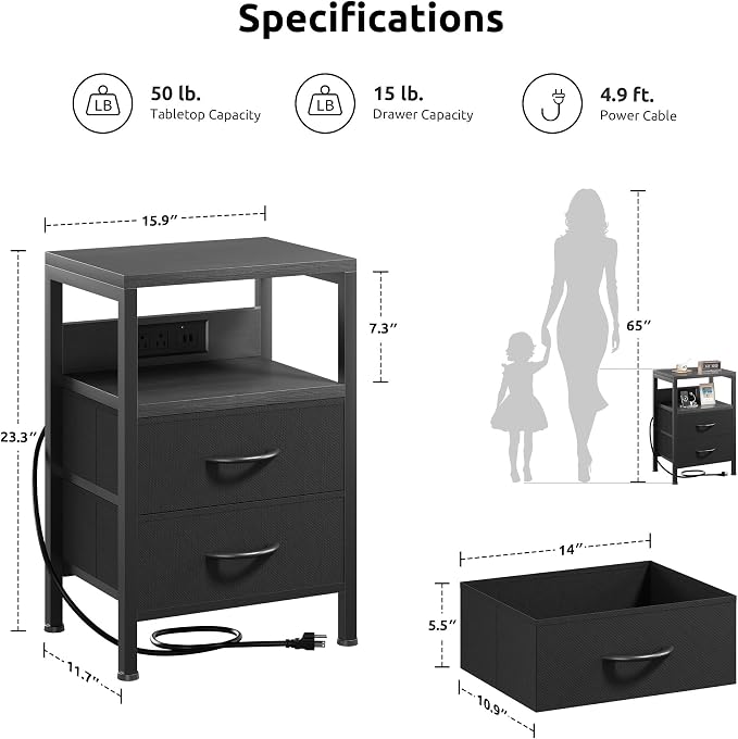 Lazzanto Nightstand Bedside Charger Table for Bedroom - Night Stand with Charging Station, Modern Nightstand with Open Shelf & 2 Fabric Drawers, Bed Side Table with USB-C Port for Dorm, Black - Image 2
