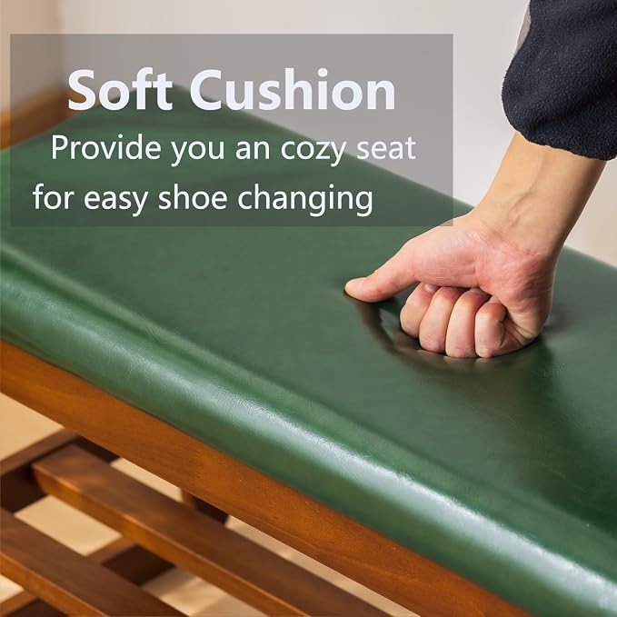 Solid Wood Shoe Bench, 2-Tier Entryway Bench with Cushion and Flip-Open Storage Box, Mid-Century Modern Shoe Bench Rack for Hallway, Mudroom(Green, 21.65'') - Image 5