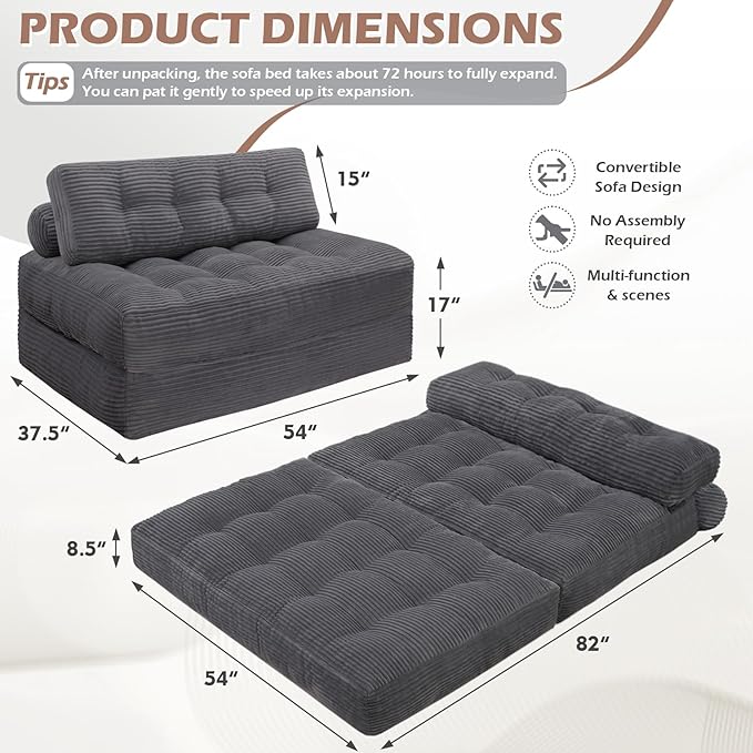 Folding Sofa Bed, Convertible Sleeper Chair with Pillow & Handle, Foldable Mattress Futon Chair Bed Lounge with Back Support, Comfy Floor Sofa for Living Room Bedroom, Grey, Full
