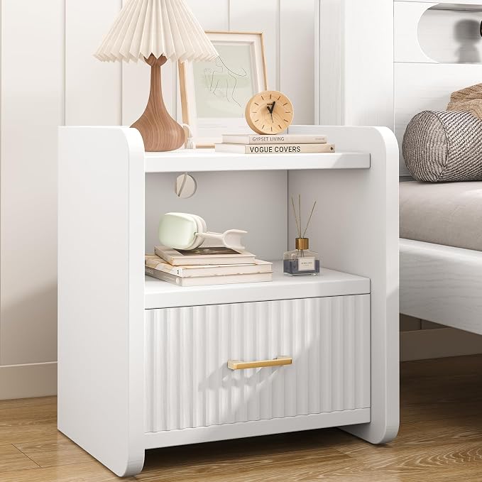 Night Stand with Charger Station, Fluted Wood Nightstand with Drawer Storage, Modern Bedside Table, Wide Nightstands for Bedroom, Mid Century Wooden Night Stands for Home Office Sofa Couch by Curlaky