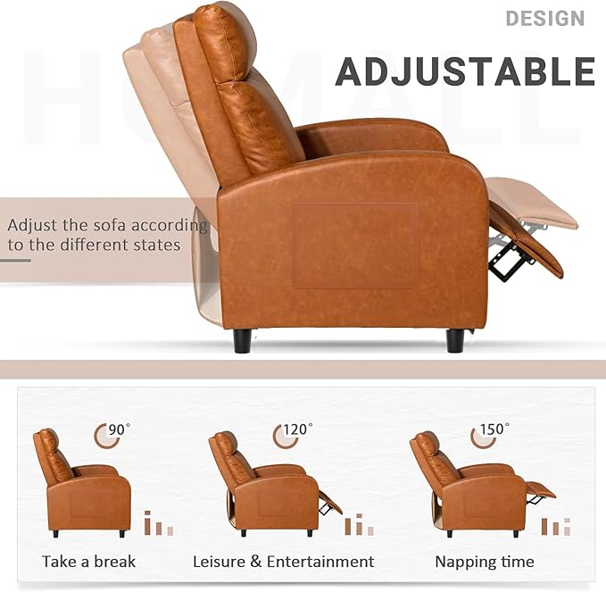 Homall Recliner Chair, Recliner Sofa PU Leather for Adults, Recliners Home Theater Seating with Lumbar Support, Reclining Sofa Chair for Living Room (Khaki, Leather)