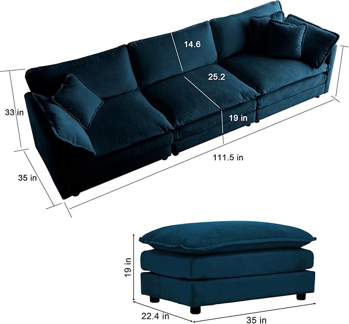 KEIKI Combination Sofa, Upholstered 3 Seater Couch, Oversized L Shaped Sectional Sofa with Reversible Ottoman for Living Room Bedroom Office, Blue