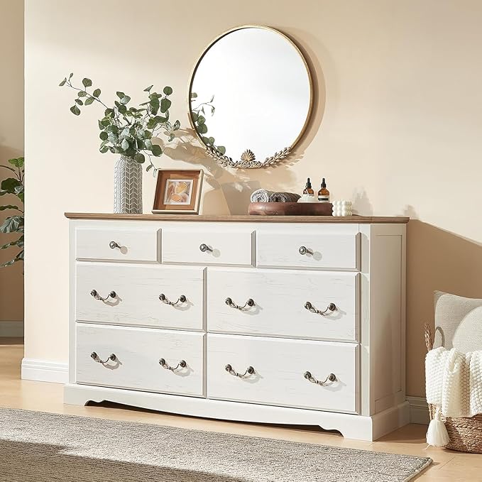 AMERLIFE 5 Pieces Farmhouse Bedroom Sets Includes King Size Farmhouse Bed Frame with 52.2" Headboard, 7 Drawers Dresser, 6 Drawer Tall Dresser, Two Nightstands with Charging Station, White