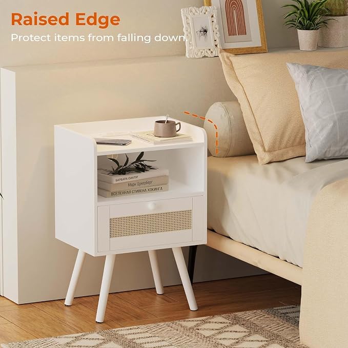 SUPERJARE Nightstand with Charging Station & Rattan-Like Decor Drawer, Rattan End Table with Solid Wood Feet, Bed Side Table with Open Storage, for Bedroom, Living Room, Dormitory - White - Image 5