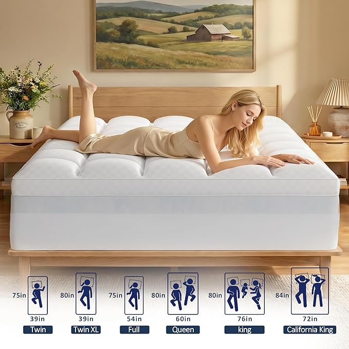 Dual Layer 4 Inch Memory Foam Mattress Topper King, 2 Inch Cooling Gel Infused Memory Foam and 2 Inch Airflow Down Alternative Pillow Top, 8-24 Inch Deep Pocket, Medium Firm for Back Pain