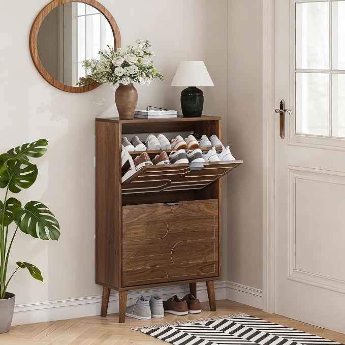 Shoe Cabinet Storage for Entryway with 2 Flip Drawers, Narrow Shoe Cabinet for Entryway, Hidden Slim Shoe Organizer Rack Cabinet (Brown, 23.6" W) - Image 3