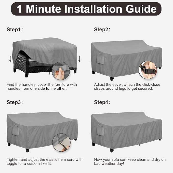PureFit Outdoor Couch Cover Waterproof Patio Sofa Furniture Covers, 3-Seater Outdoor Cover with Air Vent and Handles, 78W x 35D x 35H Inches, Gray - Image 7