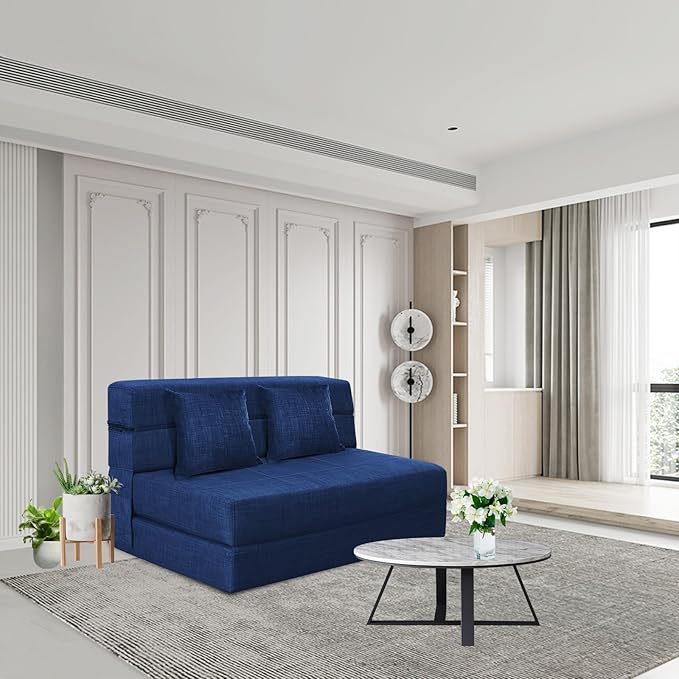60 Inch Folding Sofa Couch Memory Foam with Pillow Convertible Sleeper Mattress Futon Lazy for Living Room, Washable Cover, Queen Size, Dark Blue