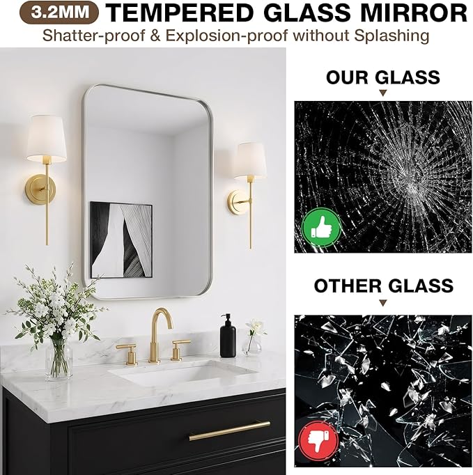 20x30 Inch Bathroom Mirrors for Over Sink, Brushed Nickel Rectangle Mirror for Bathroom or Entryway, Wall Mounted Vanity Mirror with Aluminum Alloy Frame&Tempered Glass, Hangs Horizontally/Vertically - Image 4