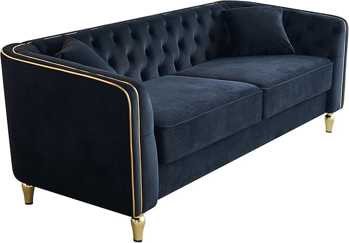 KEIKI 87" Chesterfield Velvet Button Tufted Sofa with High Density Foam Cushions, Modern Style 3-Seater Couch with Gold Strip Trim Decoration, Easy Assembly, for Apartment, Living Room, Office, Black