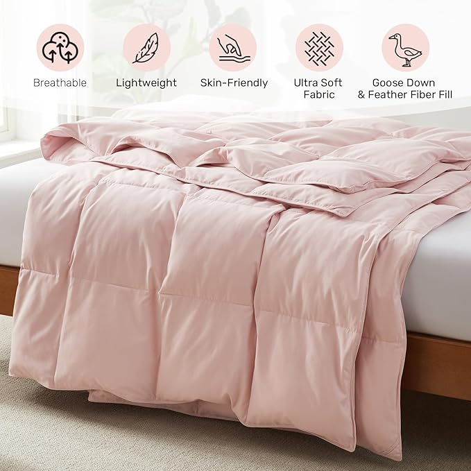 Joysoul Goose Feathers Fiber Comforter - Lightweight Ultra Soft Fabric Cover Breathable White Down Feather Fill, Pink Queen Size Duvet Insert (88" X 88")
