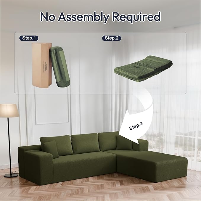 Cloud Sectional Couch, 105" Modular Sectional Sofa with Left Chaise Lounge, Modern Modular L-Shape Sofa with Pillows & Deep Seat, Wool Fabric Boneless Couches for Living Room Bedroom, Green